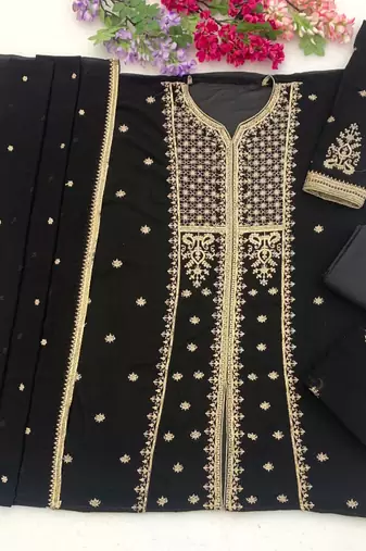 Black premium faux georgette embroidered suit set