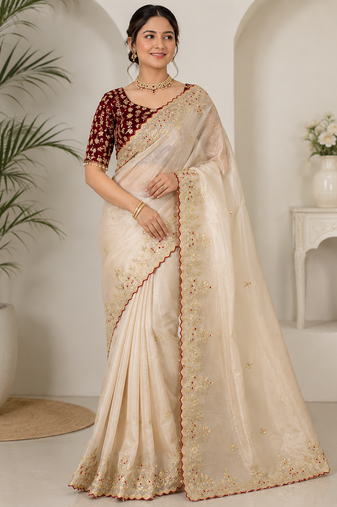 Off White Color Embroidery Sequence Work with Rich Floral Border Silk Blend Saree