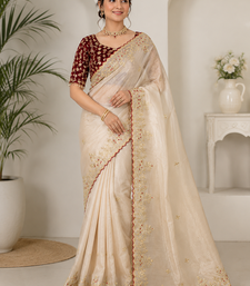 Off White Color Embroidery Sequence Work with Rich Floral Border Silk Blend Saree