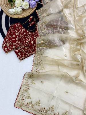 Off White Color Embroidery Sequence Work with Rich Floral Border Silk Blend Saree 2