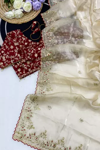 Off White Color Embroidery Sequence Work with Rich Floral Border Silk Blend Saree