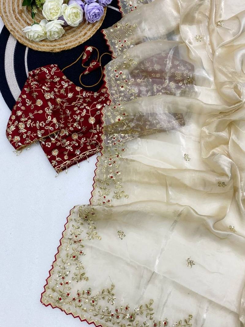 Off White Color Embroidery Sequence Work with Rich Floral Border Silk Blend Saree