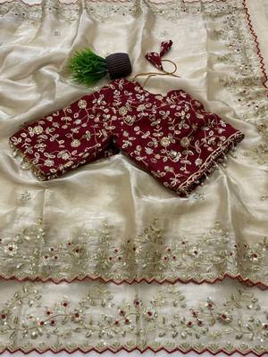 Off White Color Embroidery Sequence Work with Rich Floral Border Silk Blend Saree 3