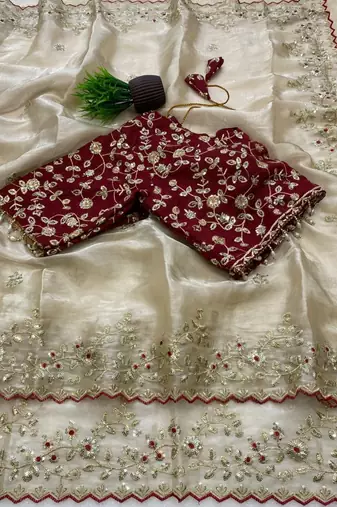 Off White Color Embroidery Sequence Work with Rich Floral Border Silk Blend Saree