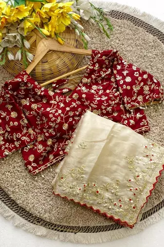 Off White Color Embroidery Sequence Work with Rich Floral Border Silk Blend Saree