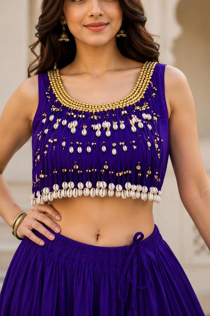purple cotton embroidered mirror work ghagra choli