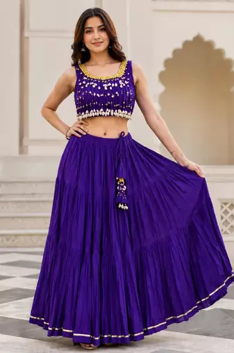 purple cotton embroidered mirror work ghagra choli