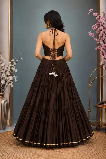 brown cotton embroidered stone work ghagra choli