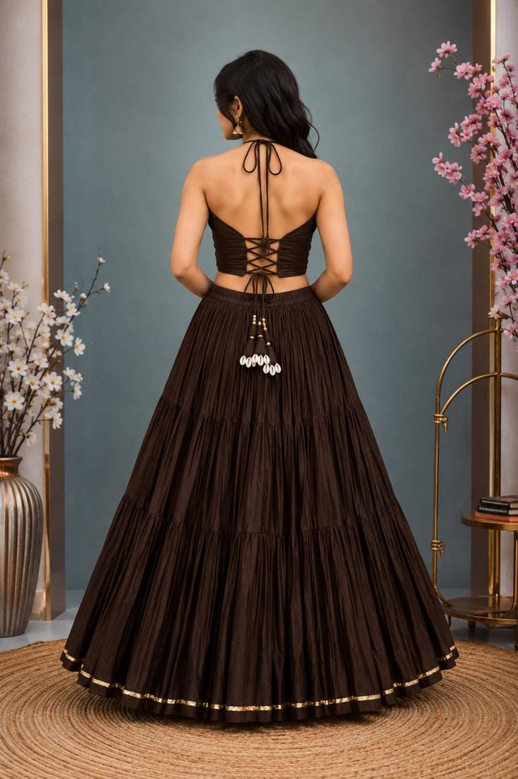 brown cotton embroidered stone work ghagra choli