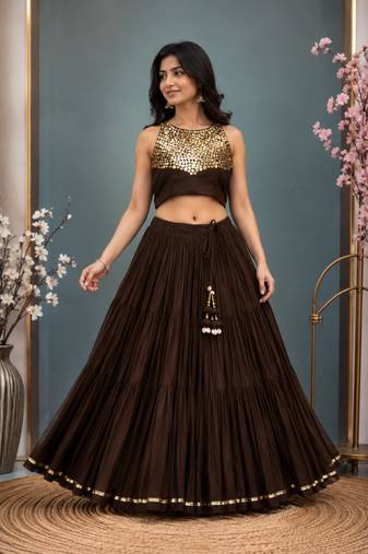 brown cotton embroidered stone work ghagra choli