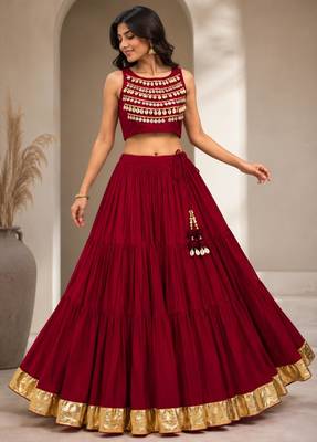 red cotton embroidered mirror work ghagra choli 1