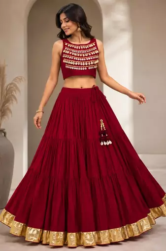 red cotton embroidered mirror work ghagra choli