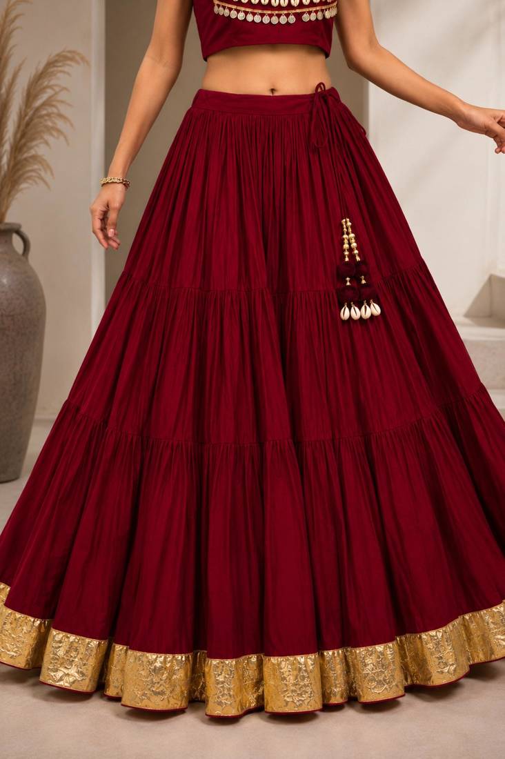 red cotton embroidered mirror work ghagra choli
