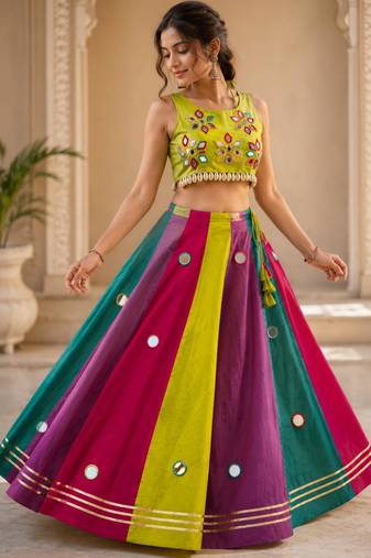 multicolor cotton embroidered mirror work ghagra choli