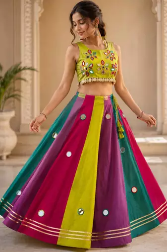 multicolor cotton embroidered mirror work ghagra choli