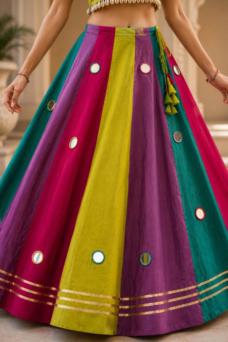 multicolor cotton embroidered mirror work ghagra choli
