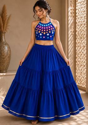 royal blue cotton embroidered mirror work ghagra choli 1
