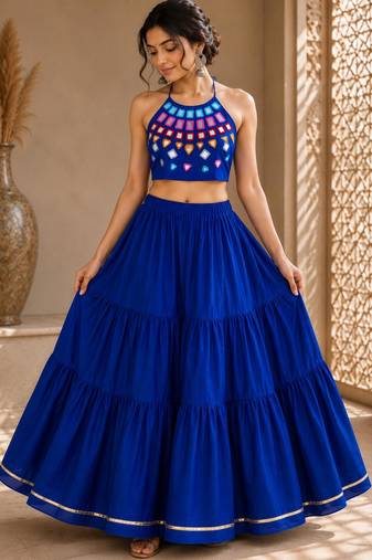 royal blue cotton embroidered mirror work ghagra choli