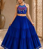 royal blue cotton embroidered mirror work ghagra choli