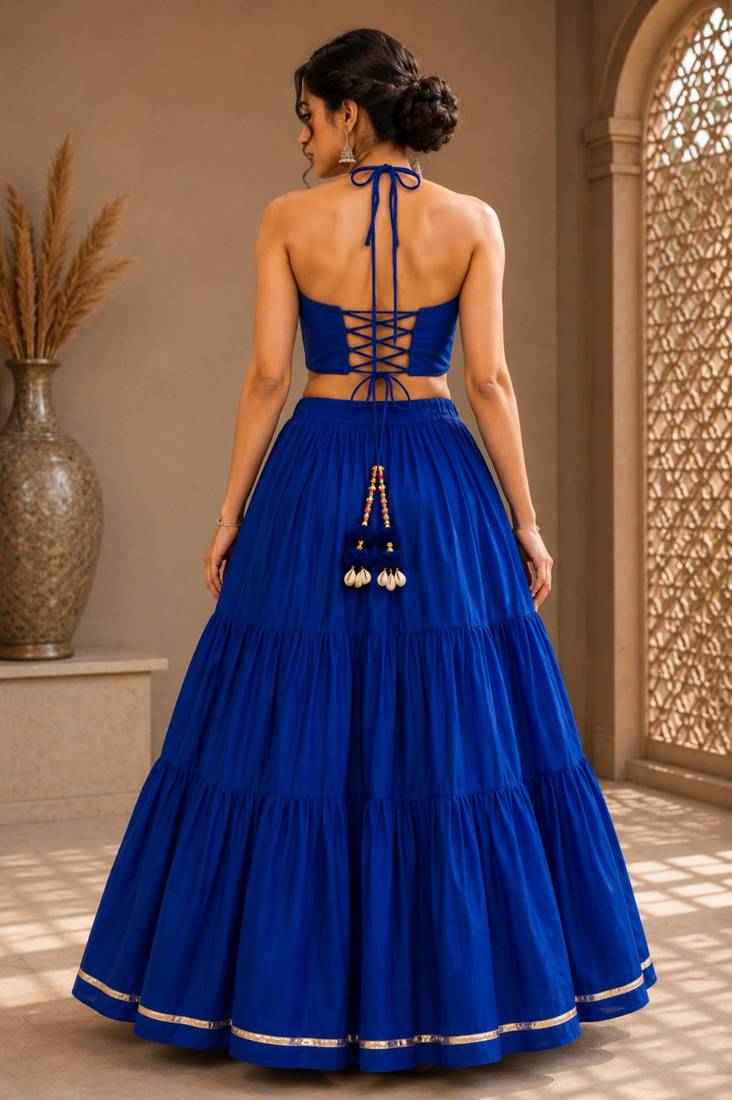 royal blue cotton embroidered mirror work ghagra choli