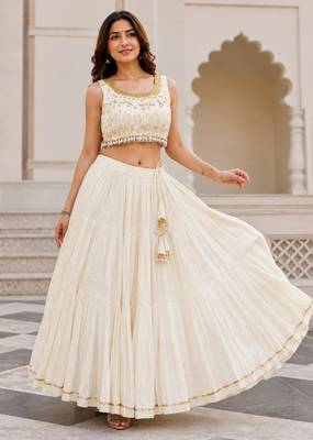 off white cotton embroidered mirror work ghagra choli 1