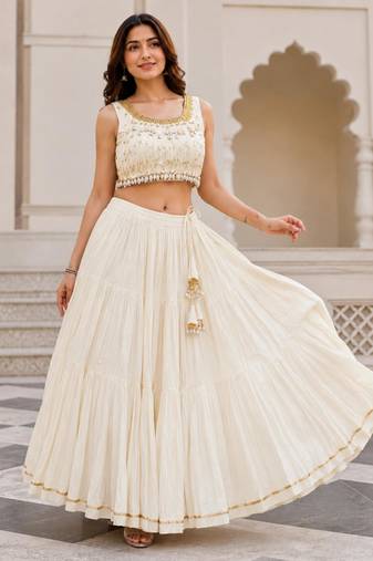 off white cotton embroidered mirror work ghagra choli