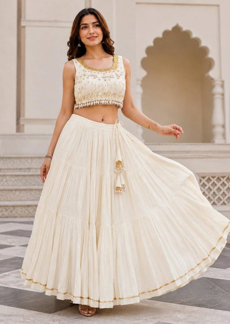 off white cotton embroidered mirror work ghagra choli