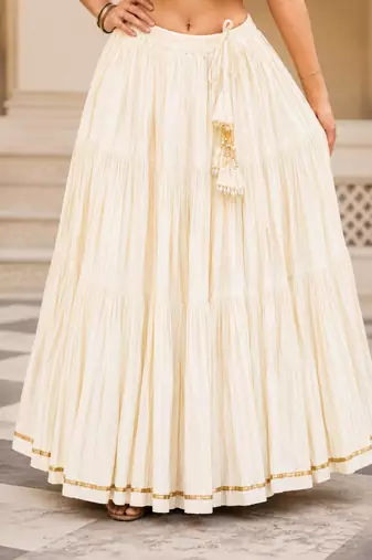 off white cotton embroidered mirror work ghagra choli
