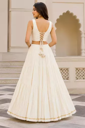 off white cotton embroidered mirror work ghagra choli
