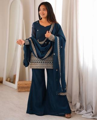 Stylish teal blue straight kurta with bell bottom pant and dupatta set 1