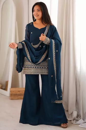 Stylish teal blue straight kurta with bell bottom pant and dupatta set