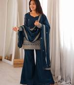 Stylish teal blue straight kurta with bell bottom pant and dupatta set