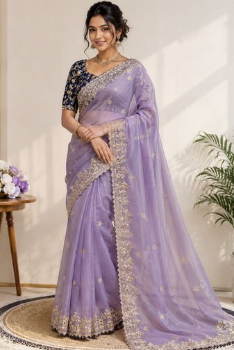 Lavender Color Embroidery Sequence Work with Rich Floral Border Silk Blend Saree