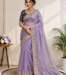 Lavender Color Embroidery Sequence Work with Rich Floral Border Silk Blend Saree