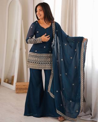 Stylish teal blue straight kurta with bell bottom pant and dupatta set 2