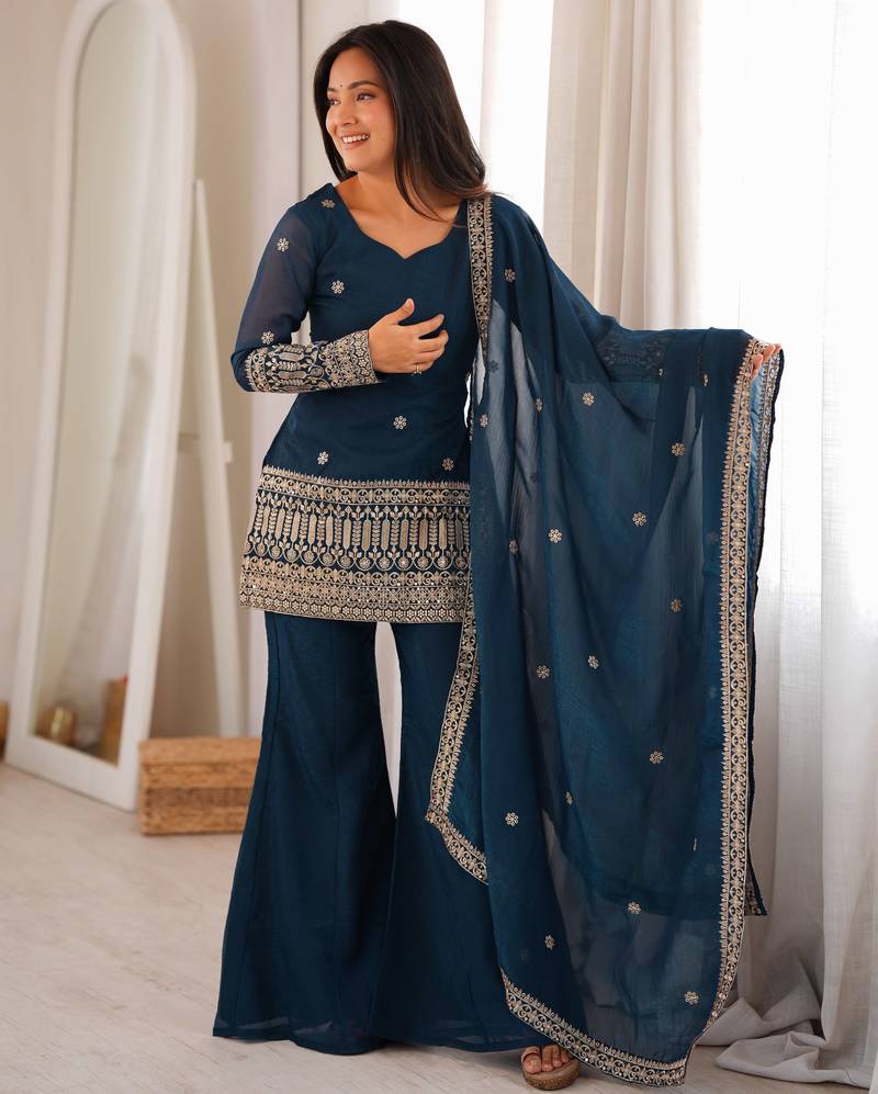 Stylish teal blue straight kurta with bell bottom pant and dupatta set