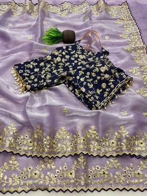 Lavender Color Embroidery Sequence Work with Rich Floral Border Silk Blend Saree 2
