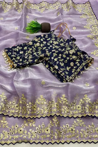 Lavender Color Embroidery Sequence Work with Rich Floral Border Silk Blend Saree
