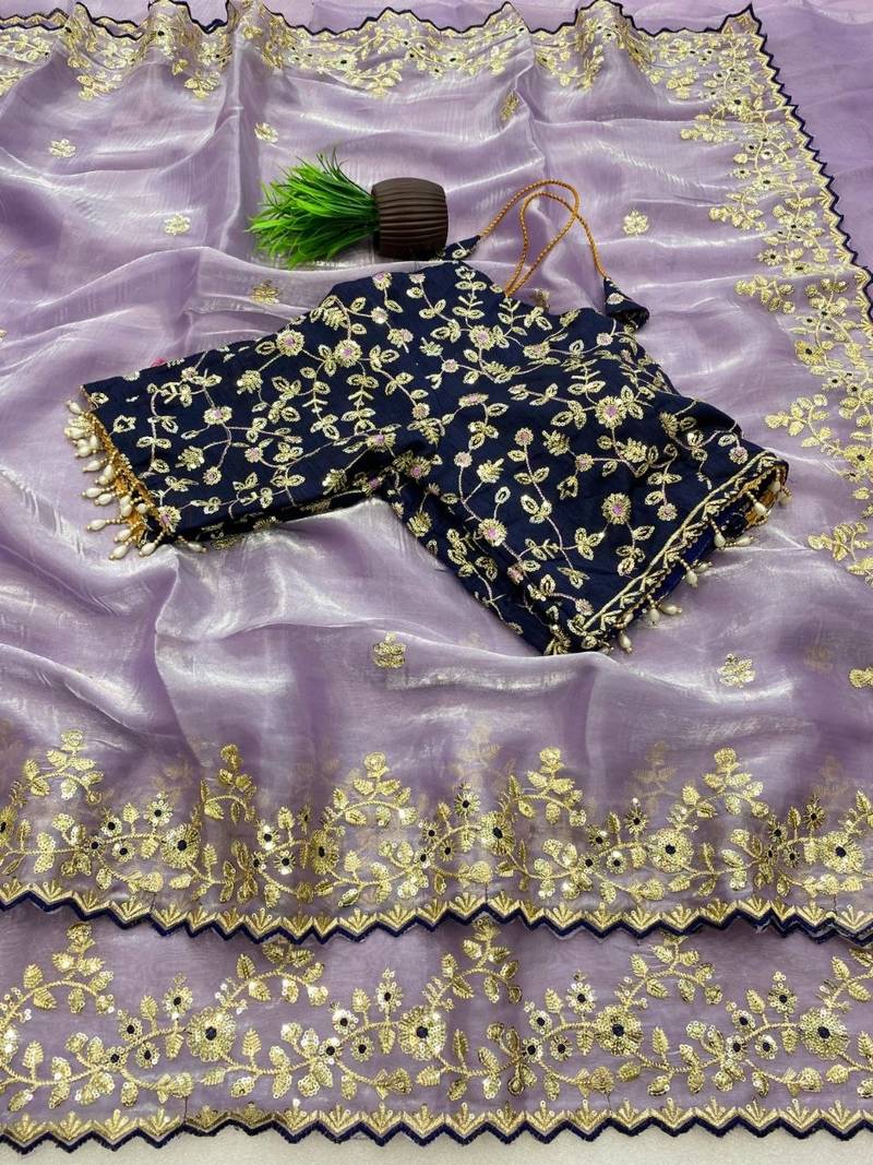 Lavender Color Embroidery Sequence Work with Rich Floral Border Silk Blend Saree
