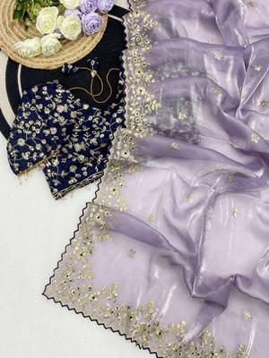 Lavender Color Embroidery Sequence Work with Rich Floral Border Silk Blend Saree 3