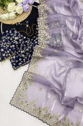 Lavender Color Embroidery Sequence Work with Rich Floral Border Silk Blend Saree
