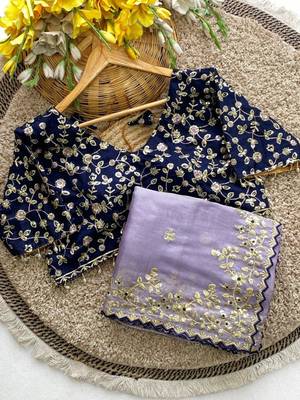 Lavender Color Embroidery Sequence Work with Rich Floral Border Silk Blend Saree 4