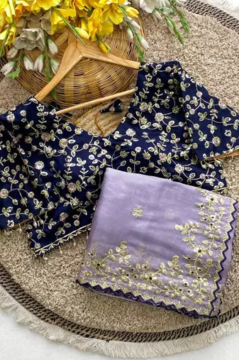 Lavender Color Embroidery Sequence Work with Rich Floral Border Silk Blend Saree
