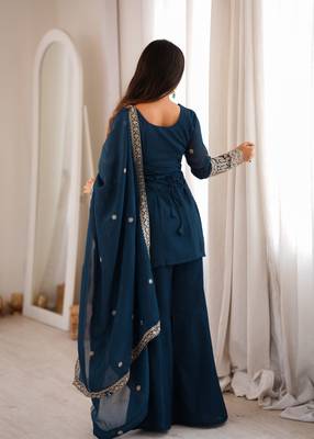 Stylish teal blue straight kurta with bell bottom pant and dupatta set 4