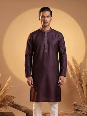 Mens purple silk blend woven design straight kurta 1