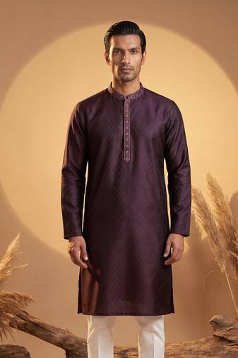 Mens purple silk blend woven design straight kurta