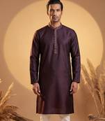 Mens purple silk blend woven design straight kurta