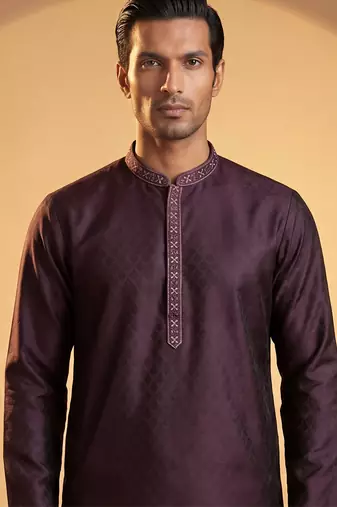 Mens purple silk blend woven design straight kurta