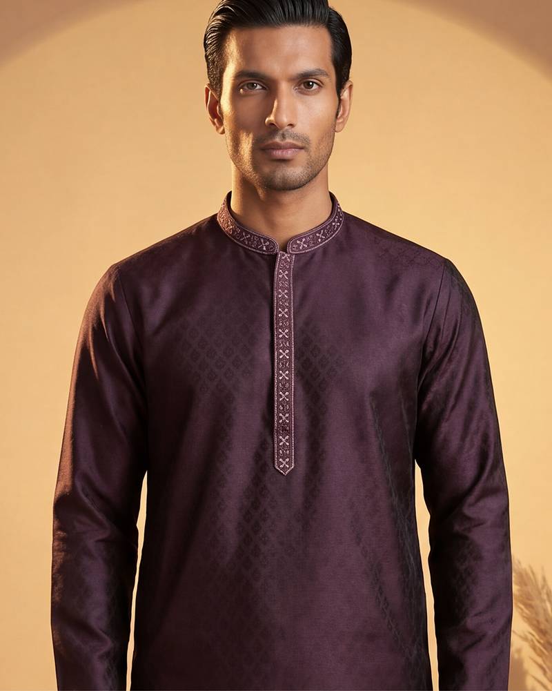 Mens purple silk blend woven design straight kurta