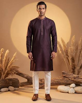 Mens purple silk blend woven design straight kurta 3